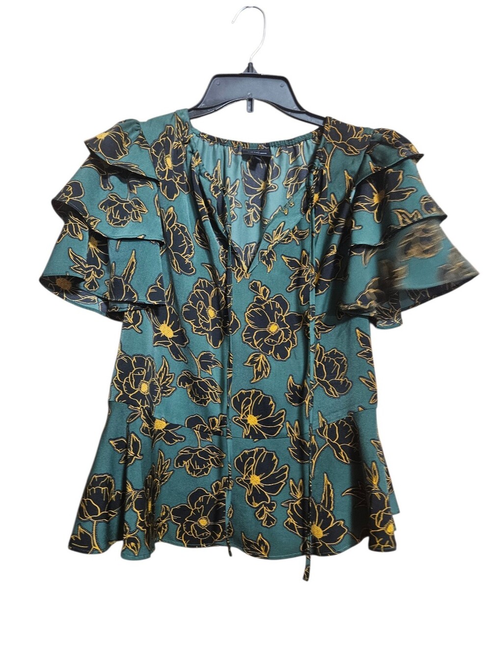 Who What Wear Floral Forrest Green Ruffle Sleeve Blouse V Neck Size Small!